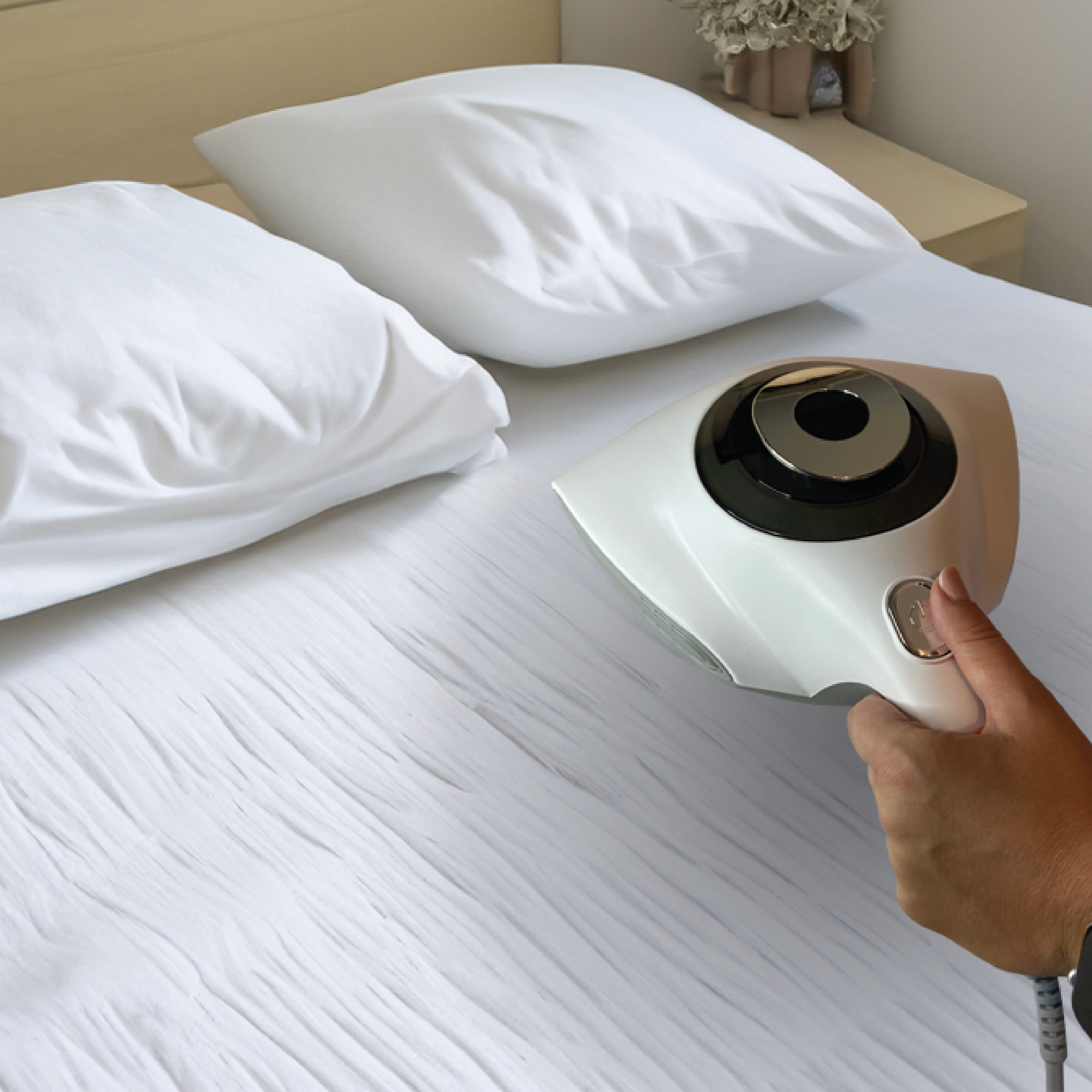 MiteMaster® MX6 in gebruik op een wit matras als bed- en bankreiniger